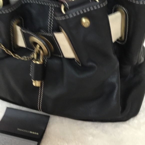 Francesco Biasia Genuine Black Leather Oversized Handbag Push Lock Canvas Strap - Picture 6 of 17